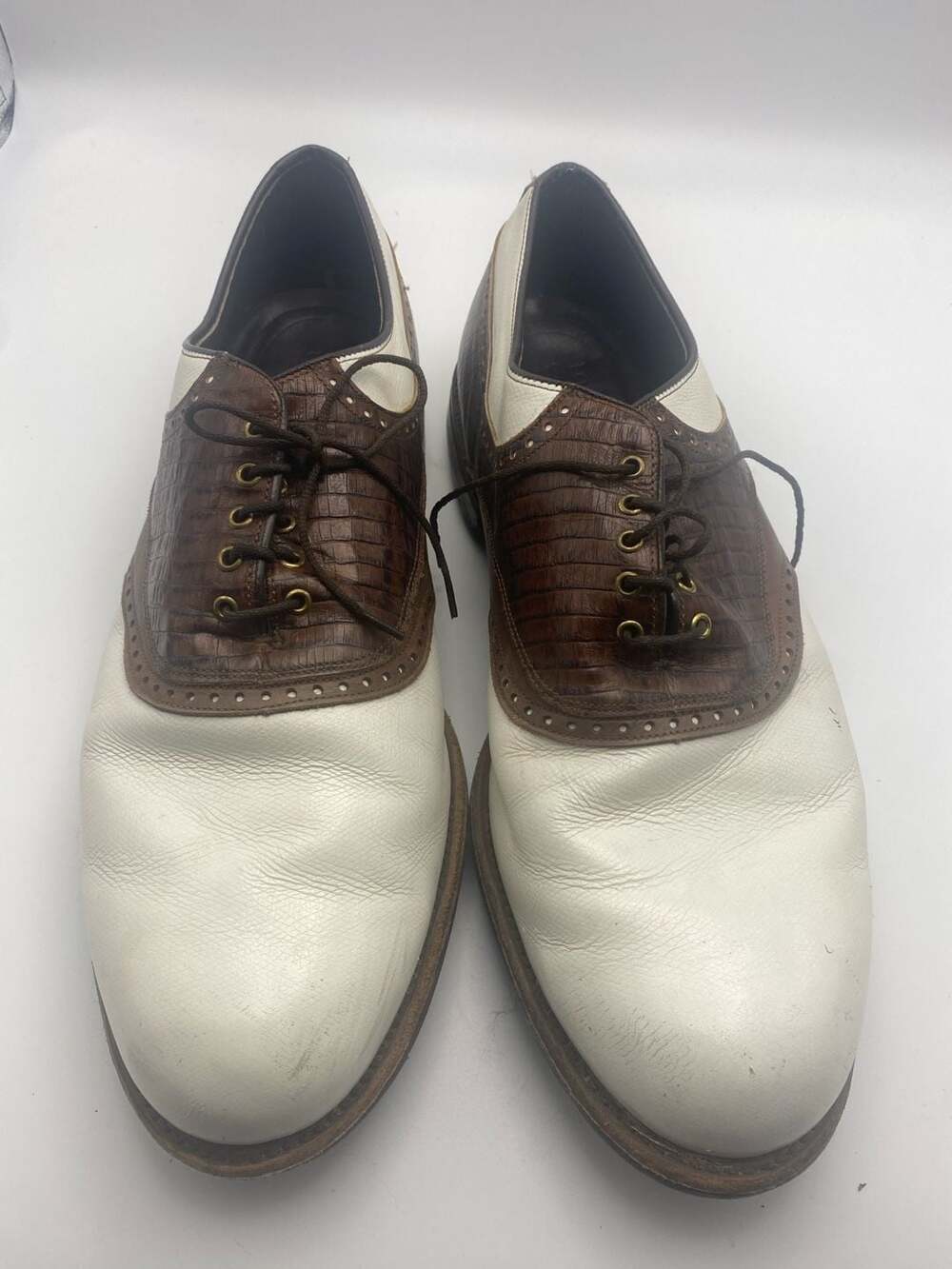 FootJoy Golf Shoes White Brown Leather Croc Spikeless (G1020)